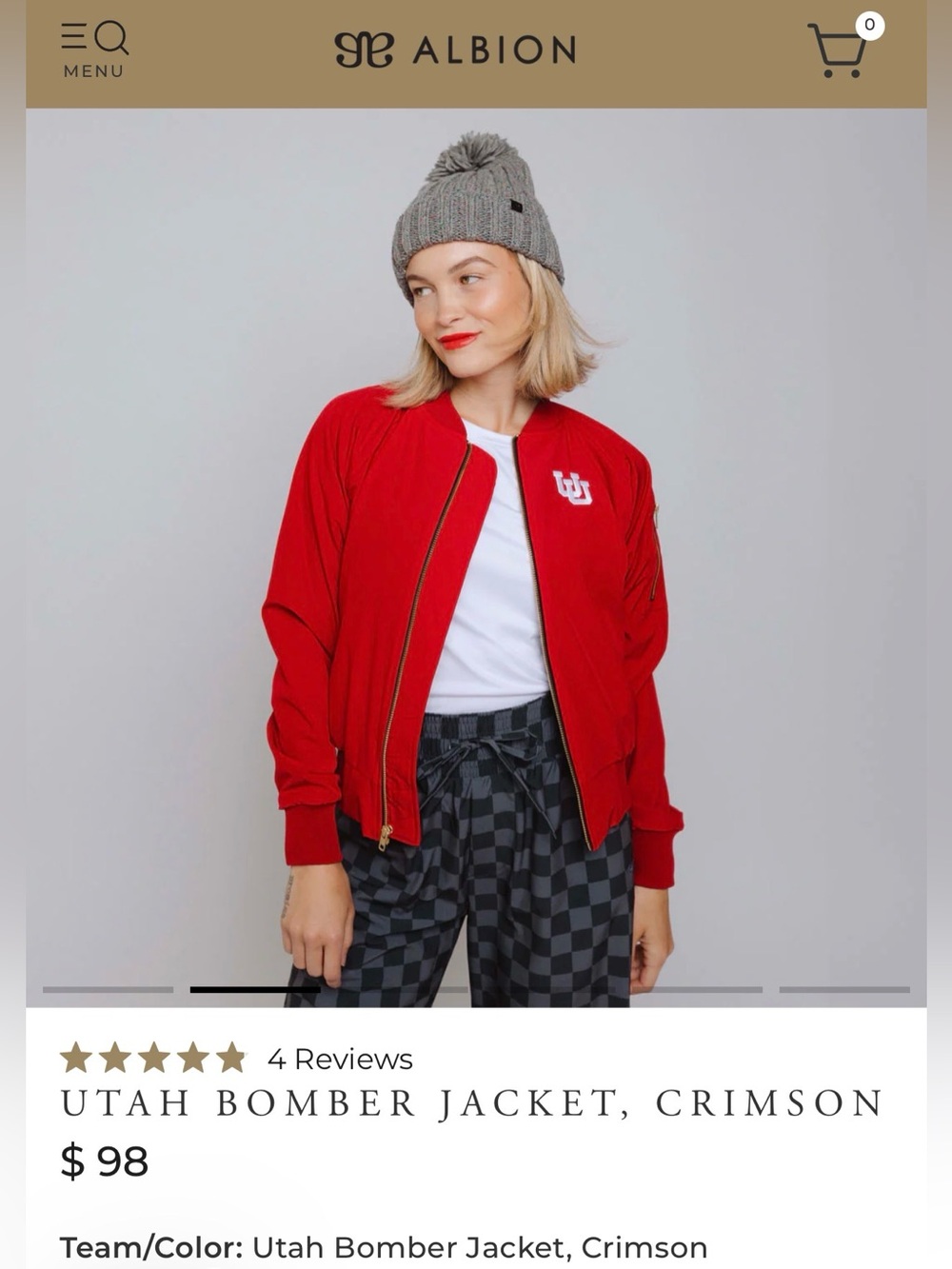 Albion Fit University of Utah Red Bomber Jacket - White 'U' Logo